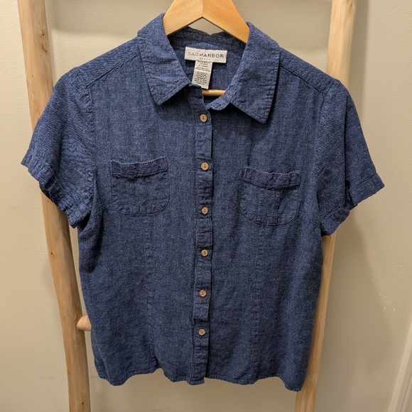 Vintage | Blue Linen Short Sleeve Button Up - Picture 5 of 7